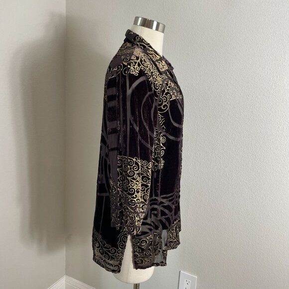Un Jour Ailleurs Womens 10 Button Up Velvet Burnout Shirt Tunic Top Purple Gold - Picture 3 of 13